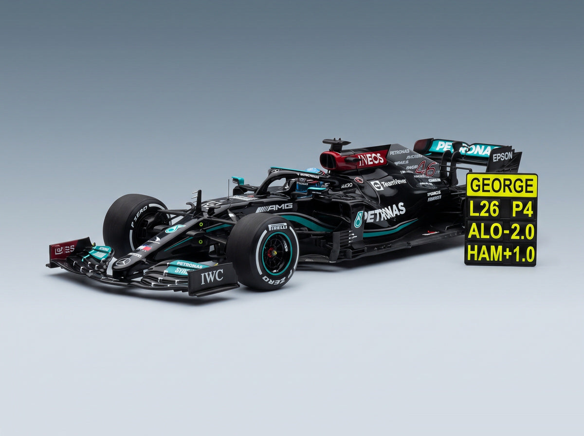 Mercedes F1 W14 Team Mercedes-AMG Petronas Formula One No. 63 7th Bahrain GP George Russell with Pit Board 2023 Minichamps 1:18 scale model - front three-quarter view