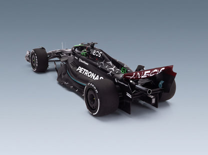 Mercedes F1 W14 Team Mercedes-AMG Petronas Formula One No. 63 7th Bahrain GP George Russell with Pit Board 2023 Minichamps 1:18 scale model - rear three-quarter view