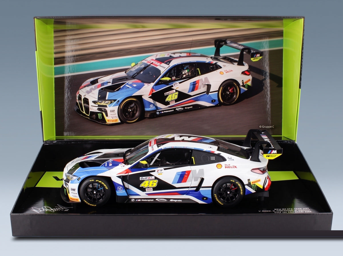 BMW M4 GT3 Team WRT No. 46 Gulf Valentino Rossi Nick Yelloly Dries Vanthoor 12h Abu Dhabi 2023 Minichamps 1:18 scale model - original packaging