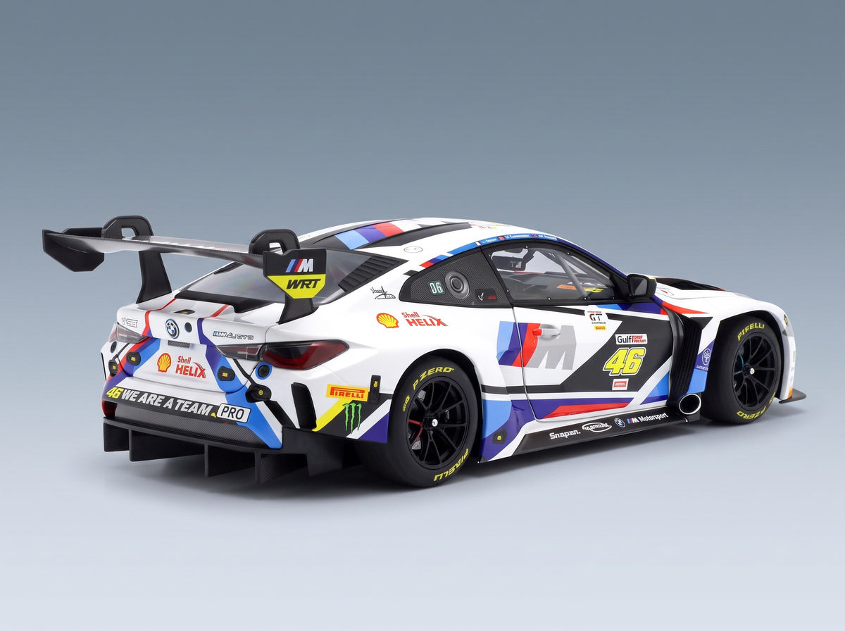 BMW M4 GT3 Team WRT No. 46 Gulf Valentino Rossi Nick Yelloly Dries Vanthoor 12h Abu Dhabi 2023 Minichamps 1:18 scale model - rear three-quarter view