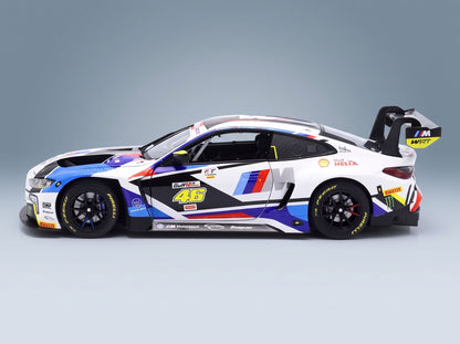 BMW M4 GT3 Team WRT No. 46 Gulf Valentino Rossi Nick Yelloly Dries Vanthoor 12h Abu Dhabi 2023 Minichamps 1:18 scale model - side view