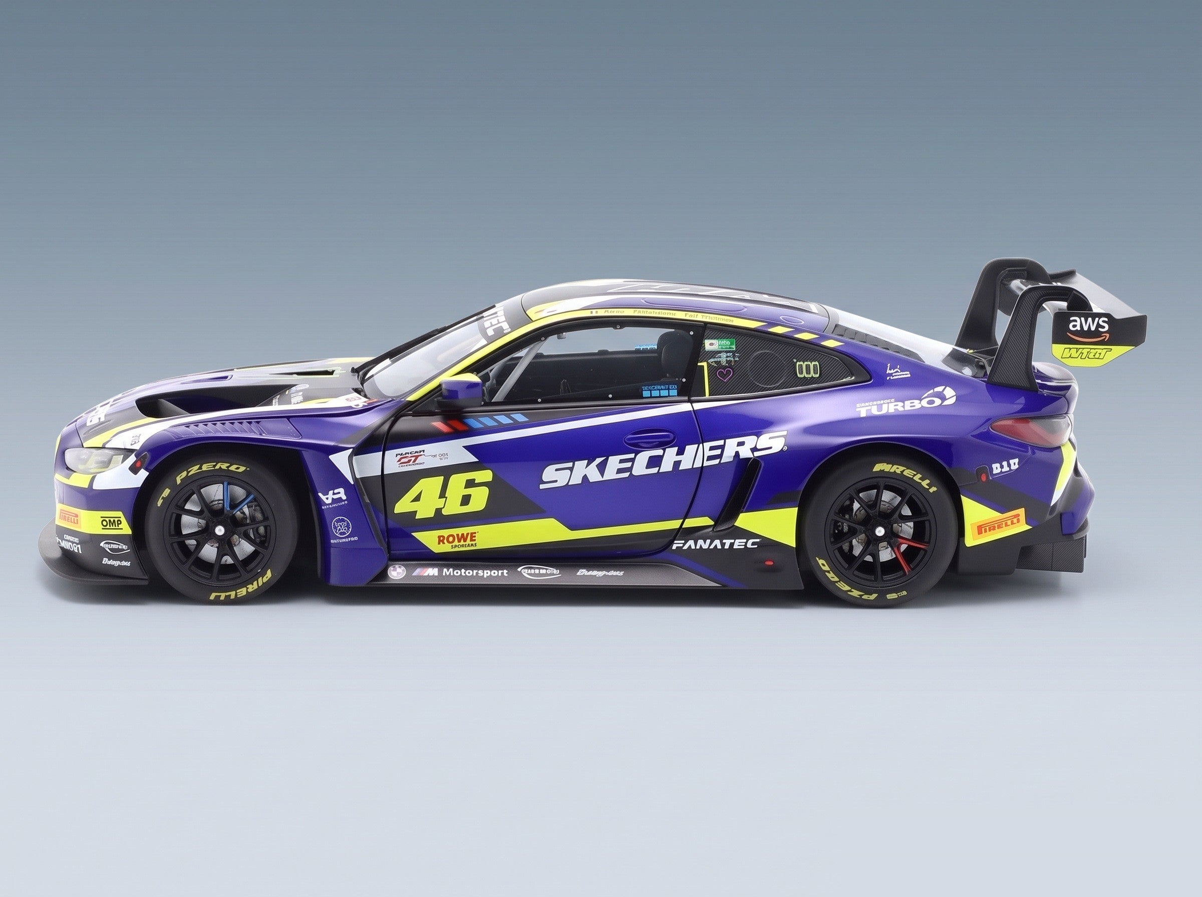 BMW M4 GT3 Team WRT No. 46 Valentino Rossi Maxime Martin Raffaele Marciello 4h Le Castellet 2024 Minichamps 1:18 scale model - side view