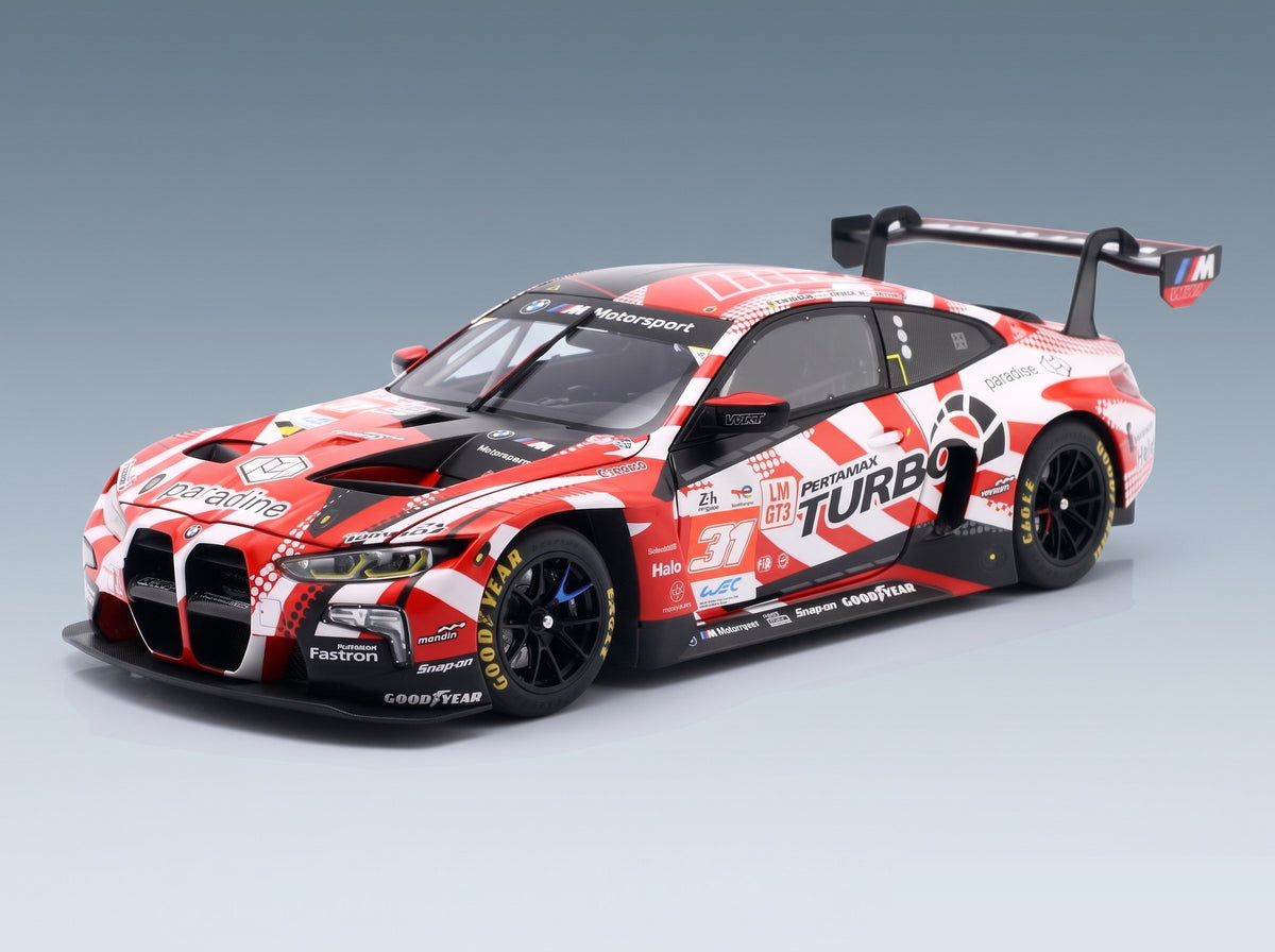 BMW M4 GT3 P58 Team WRT No. 31 Augusto Farfus Sean Gelael Darren Leung 2nd LMGT3 Class 24h Le Mans 2024 Minichamps 1:18 scale model - front three-quarter view