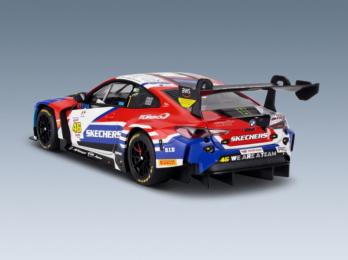 BMW M4 GT3 Team WRT No. 46 Valentino Rossi Maxime Martin Raffaele Marciello 24h Spa 2024 Minichamps 1:18 scale model - rear three-quarter view