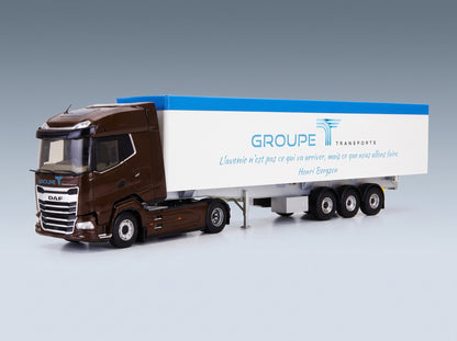 DAF XG Truck Cassone Ribaltabile Groupe Transports 2023 Brown White Eligor 1:43 scale model - front three-quarter view