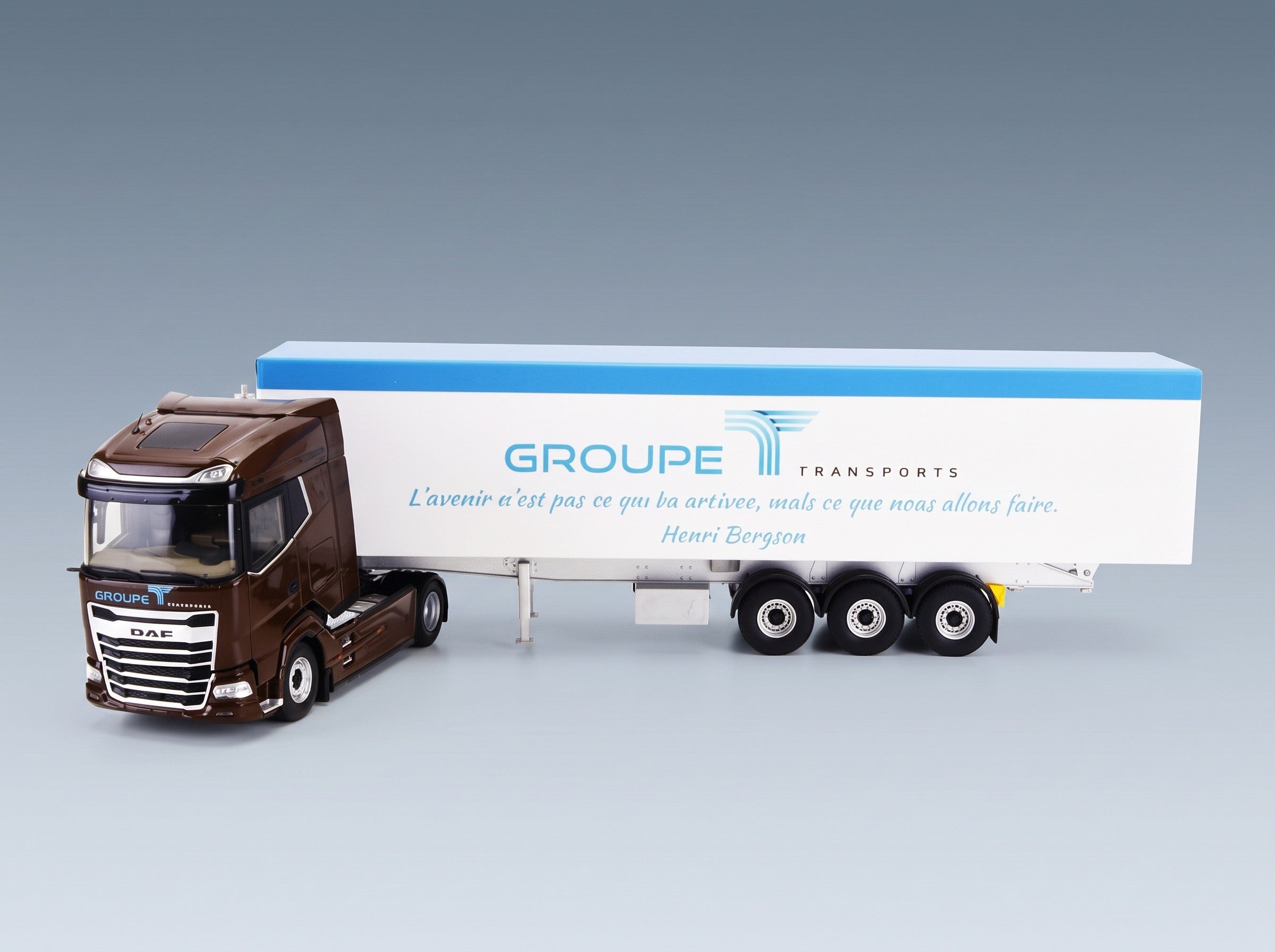 DAF XG Truck Cassone Ribaltabile Groupe Transports 2023 Brown White Eligor 1:43 scale model - side view