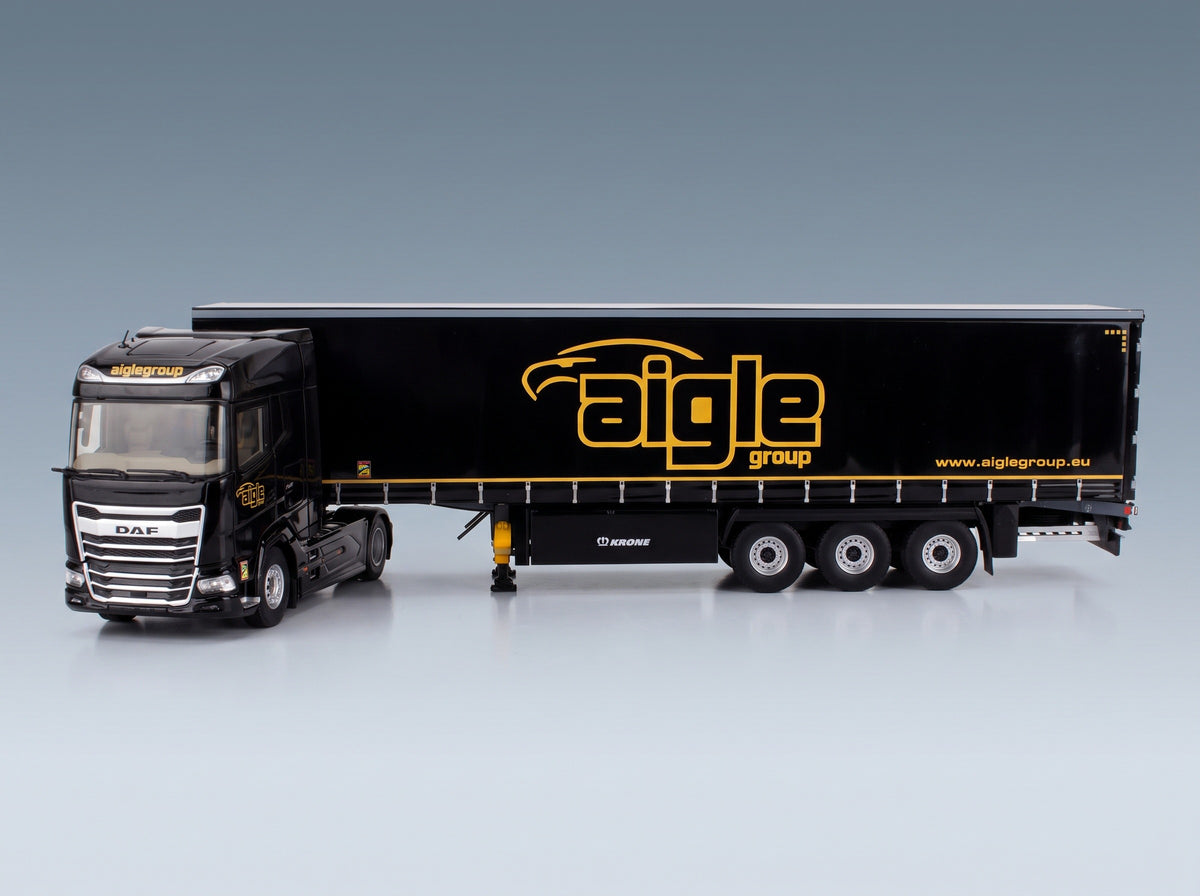 DAF XG Truck Cassonato Remorque Tautliner Aigle Group 2022 Black Yellow Eligor 1:43 scale model - side view