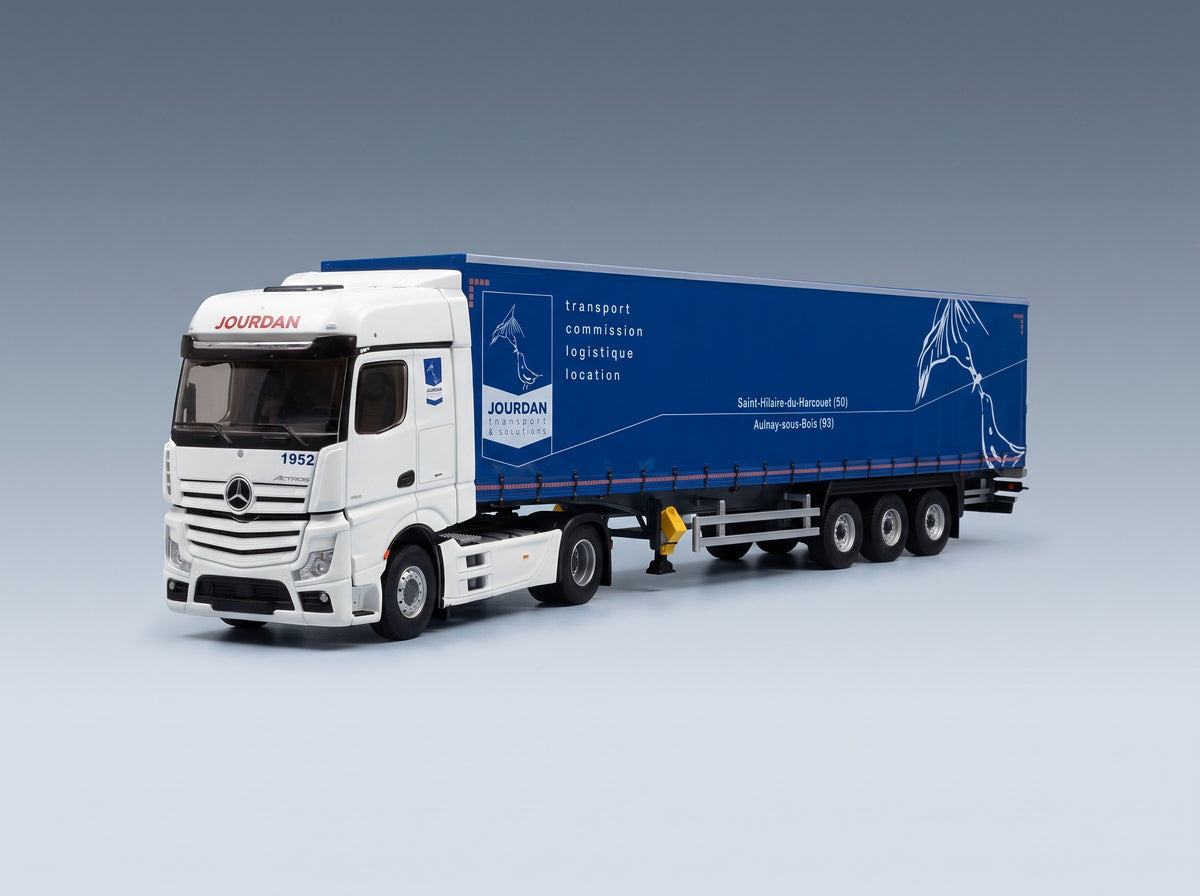 Mercedes-Benz Actros 5 1851 Truck Telonato Jourdan Transports 2020 White Blue Eligor 1:43 scale model - front three-quarter view