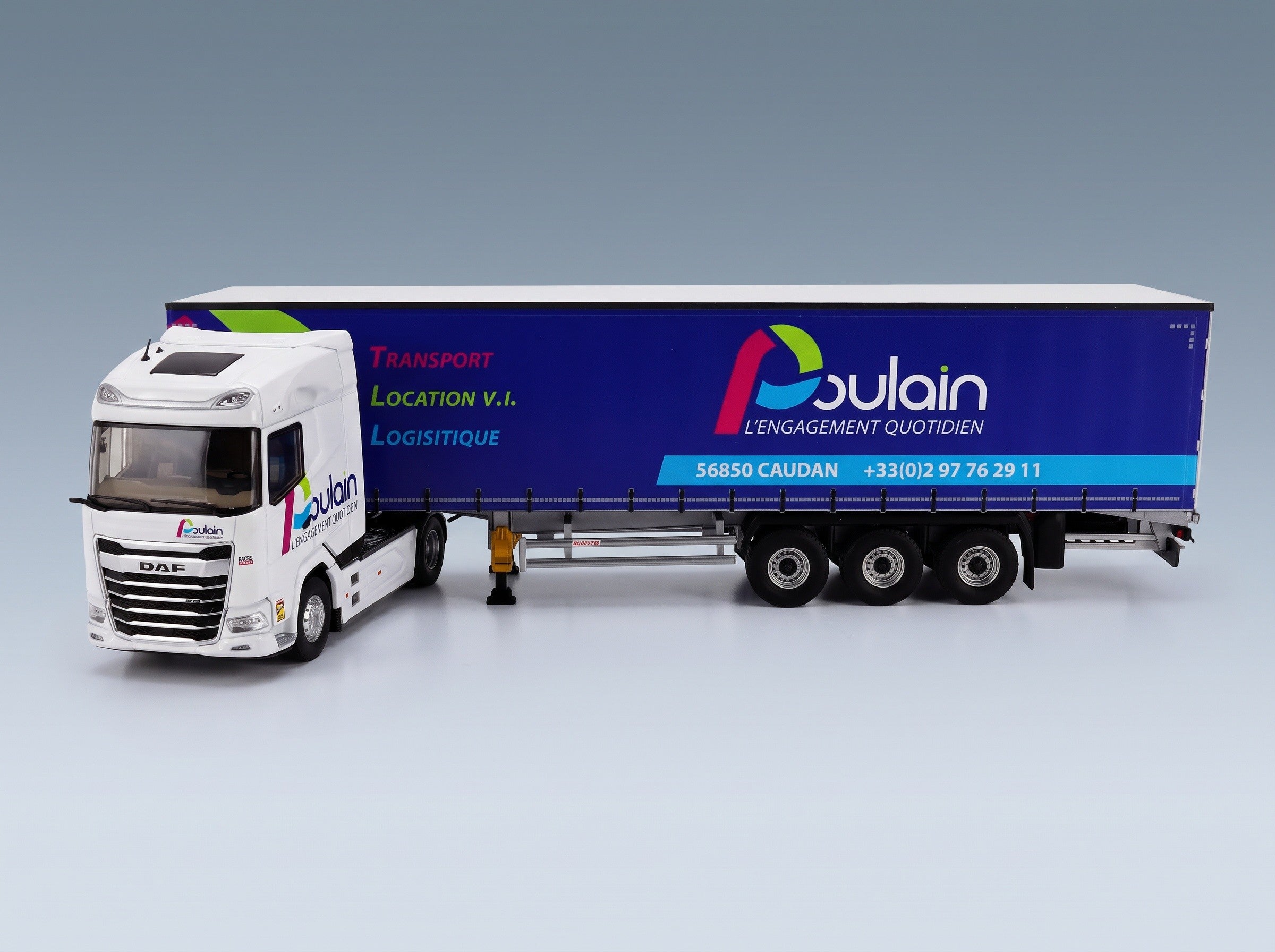 DAF XG Truck Poulain Transports 2021 White Blue Eligor 1:43 scale model - side view
