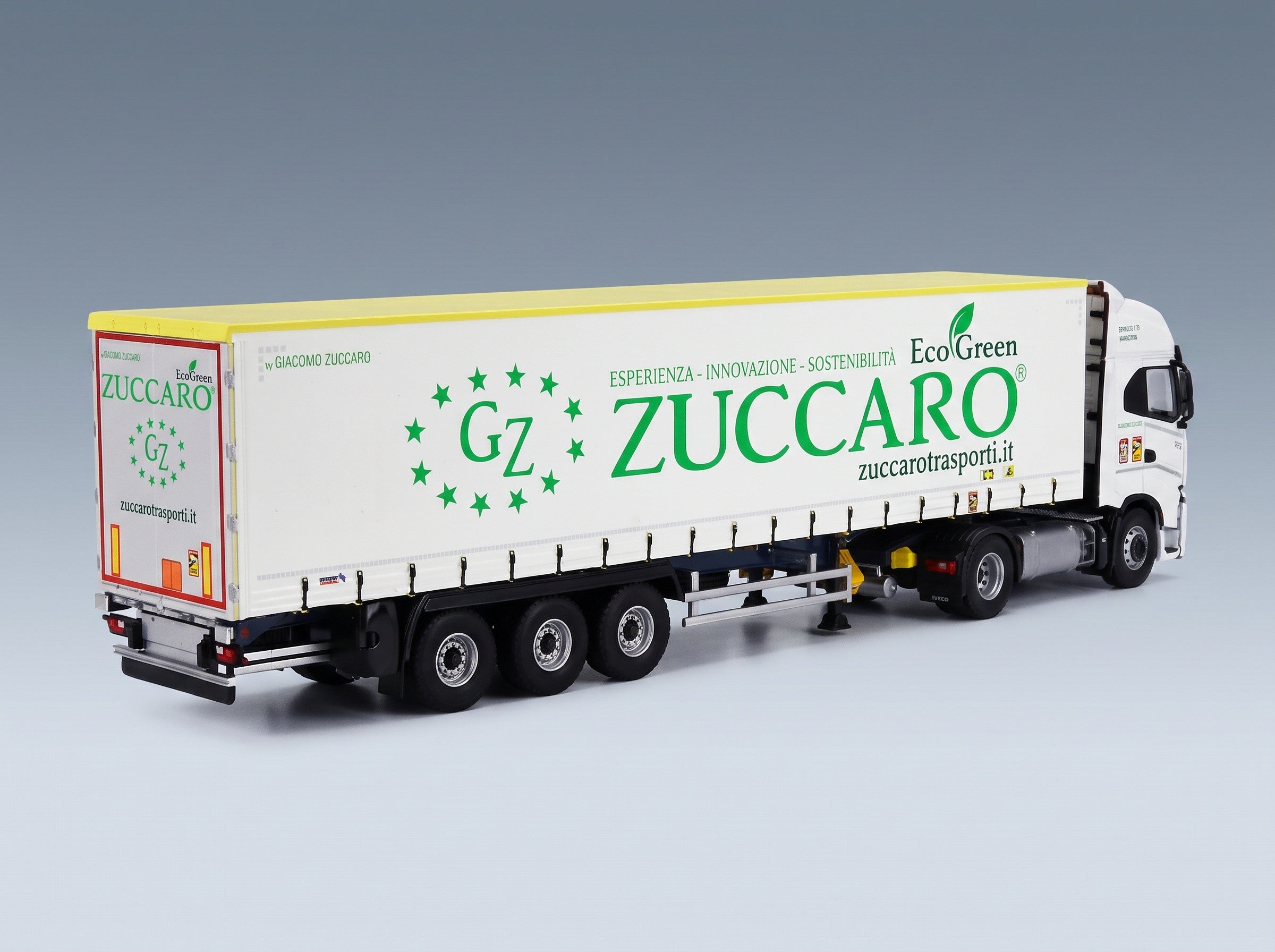 Fiat Iveco S-Way NP Truck Telonato Zuccaro Transports 2020 White Eligor 1:43 scale model - rear three-quarter view