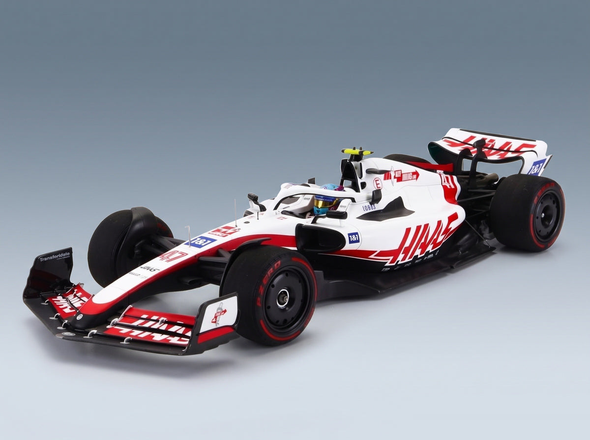 Haas VF-22 Team Haas No. 47 Mick Schumacher 8th (First Points) Silverstone British GP 2022 Minichamps 1:18 scale model - front three-quarter view
