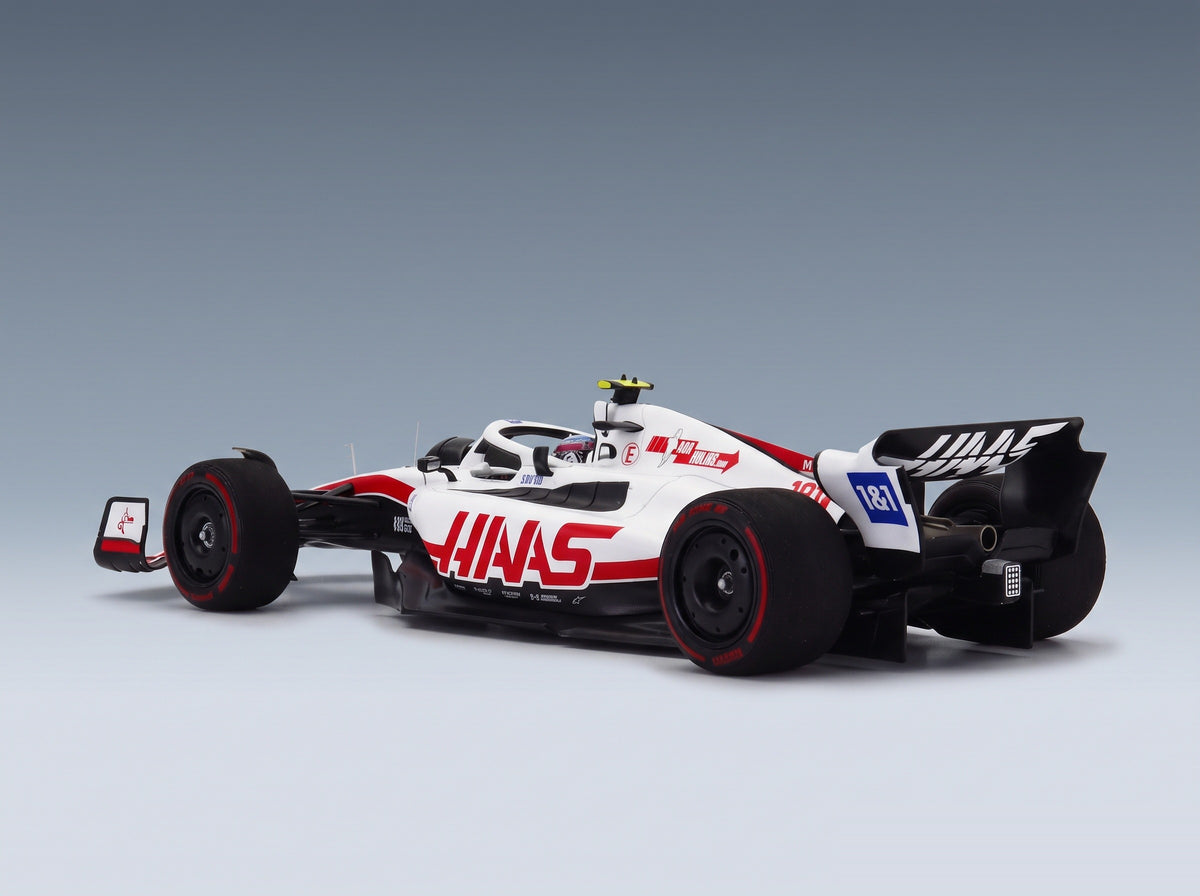 Haas VF-22 Team Haas No. 47 Mick Schumacher 8th (First Points) Silverstone British GP 2022 Minichamps 1:18 scale model - rear three-quarter view