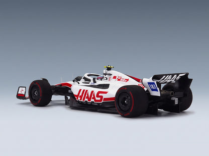 Haas VF-22 Team Haas No. 47 Mick Schumacher 8th (First Points) Silverstone British GP 2022 Minichamps 1:18 scale model - rear three-quarter view