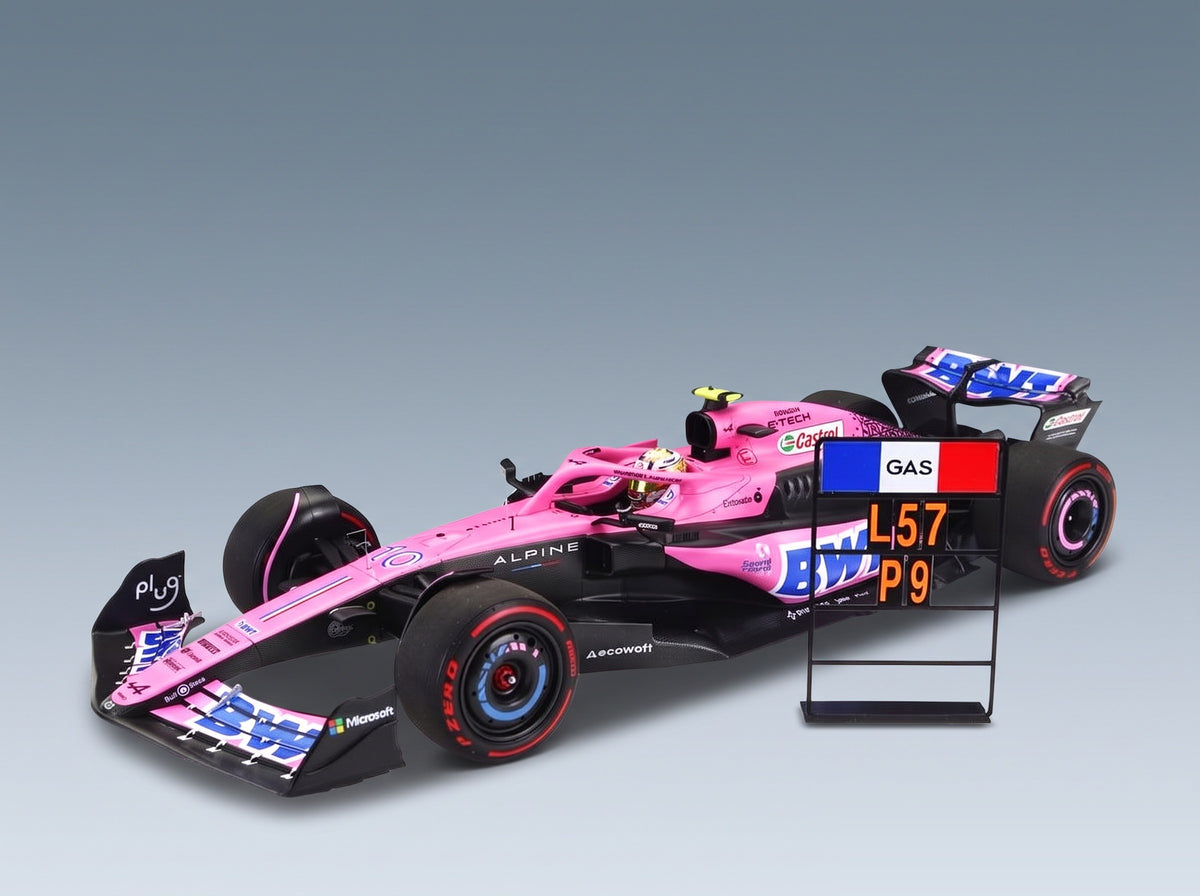 Alpine A523 BWT Alpine F1 Team No. 10 Pierre Gasly 9th Bahrain GP 2023 with Pit Board Minichamps 1:18 scale model - front three-quarter view