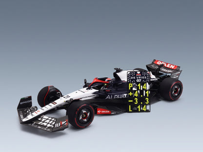 AlphaTauri AT04 Team AlphaTauri No. 21 Nyck De Vries Silverstone British GP 2023 Minichamps 1:18 scale model - front three-quarter view