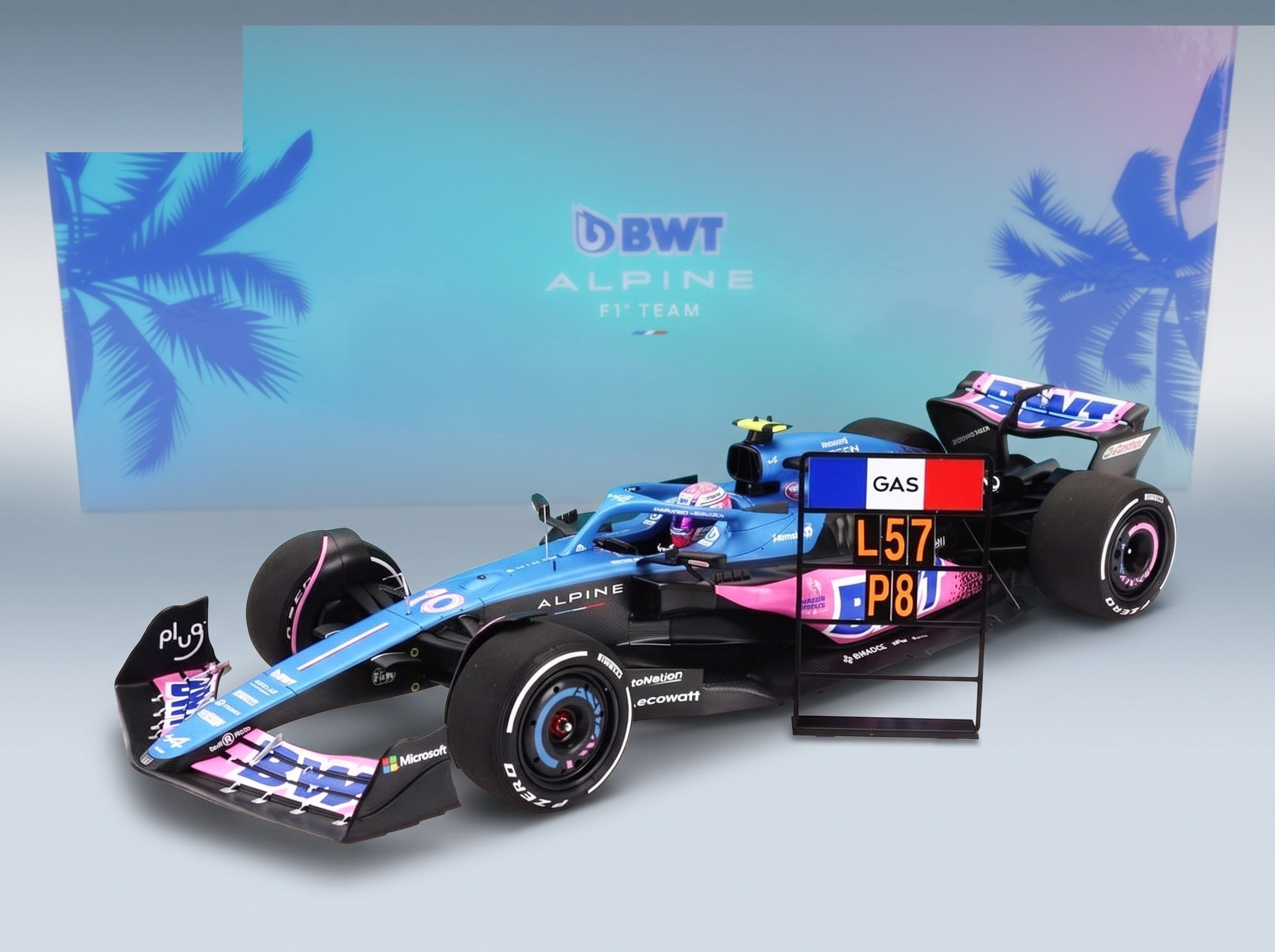 Alpine A523 BWT Alpine F1 Team No. 10 Pierre Gasly 8th Miami GP 2023 with Pit Board Minichamps 1:18 scale model - front three-quarter view
