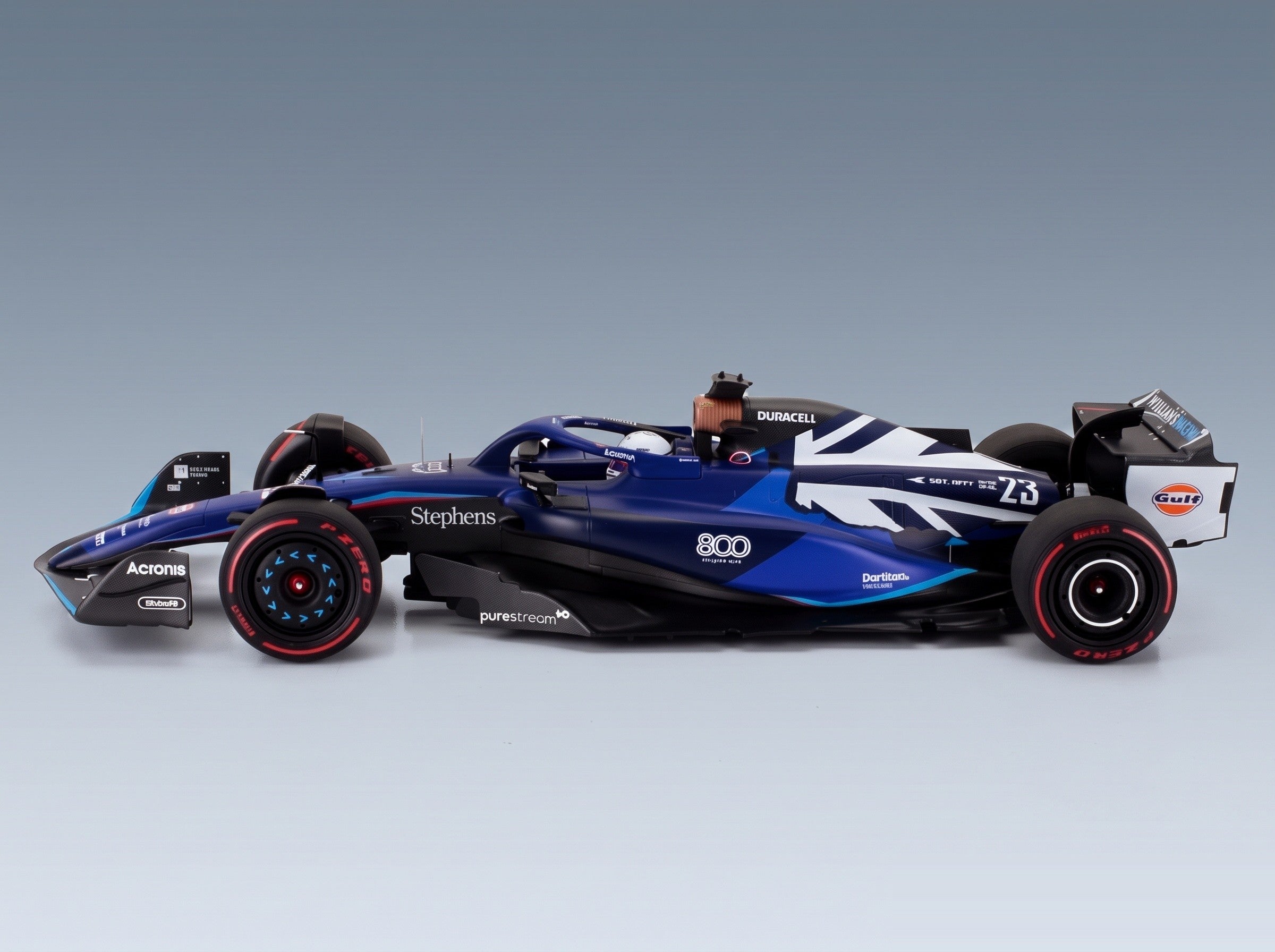 Williams FW45 Team Williams Racing Gulf No. 23 Alexander Albon British GP 2023 Minichamps 1:18 scale model - side view