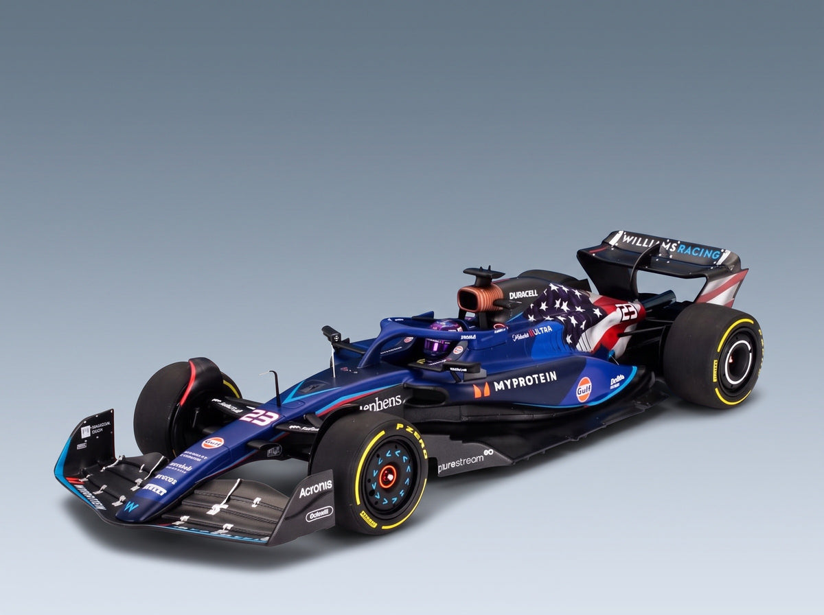 Williams FW45 Team Williams Racing Gulf No. 23 Alexander Albon Austin USA GP 2023 Minichamps 1:18 - front three-quarter view