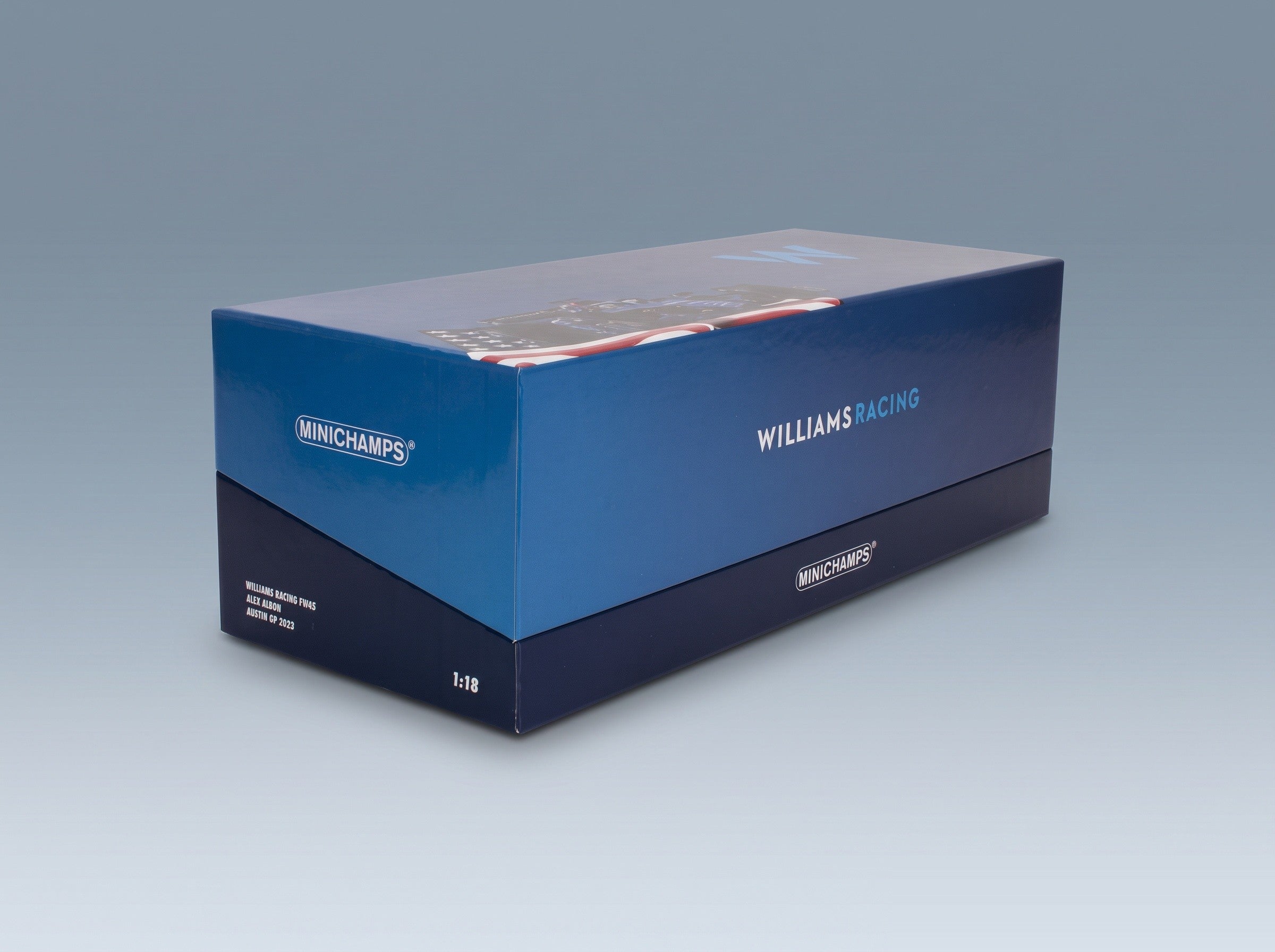 Williams FW45 Team Williams Racing Gulf No. 23 Alexander Albon Austin USA GP 2023 Minichamps 1:18 scale model - original packaging