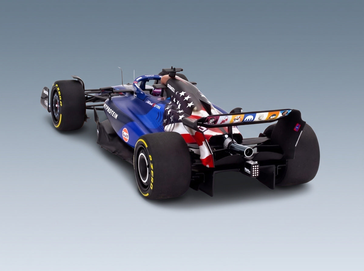 Williams FW45 Team Williams Racing Gulf No. 23 Alexander Albon Austin USA GP 2023 Minichamps 1:18 scale model - rear three-quarter view