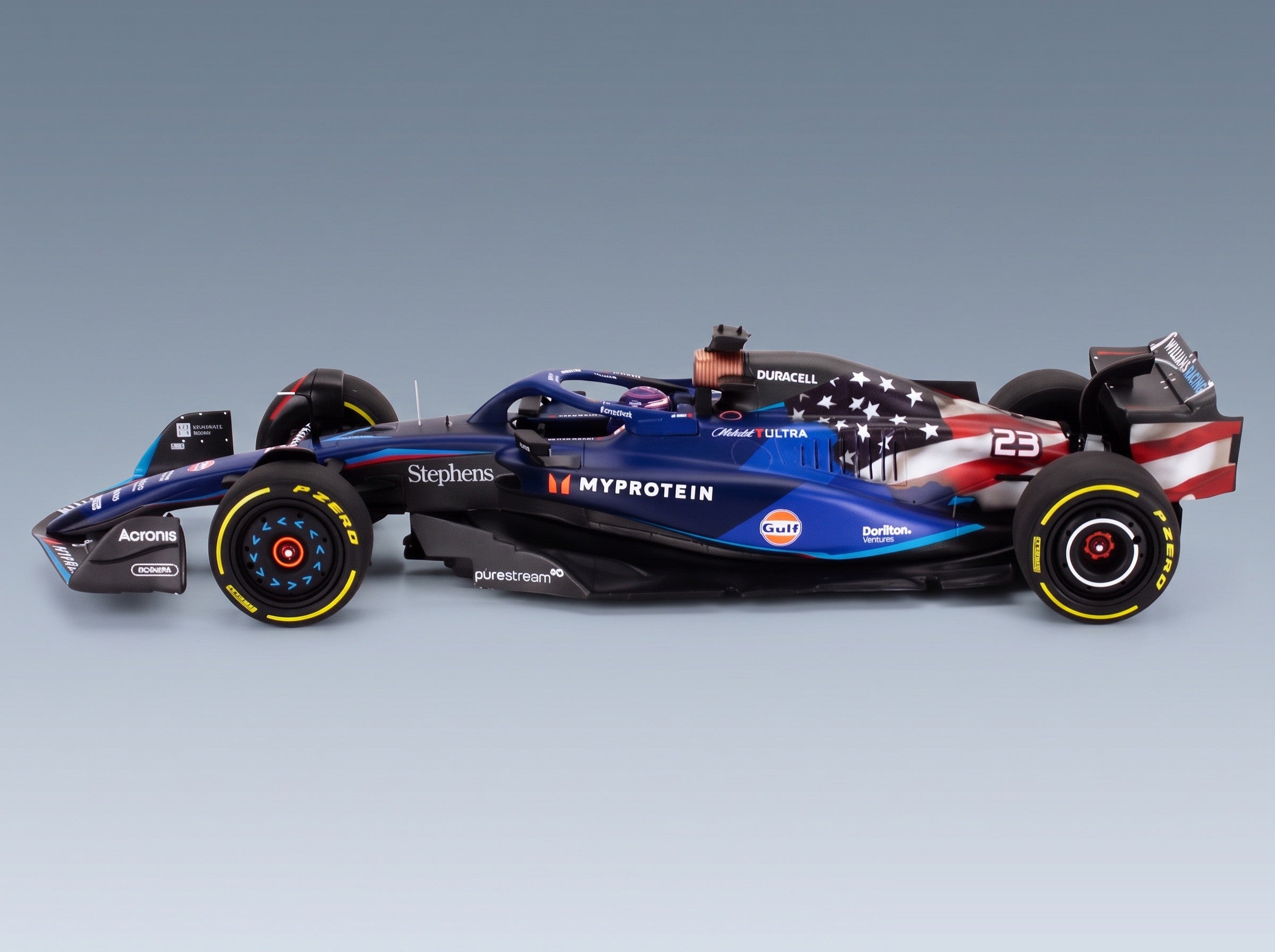 Williams FW45 Team Williams Racing Gulf No. 23 Alexander Albon Austin USA GP 2023 Minichamps 1:18 scale model - side view