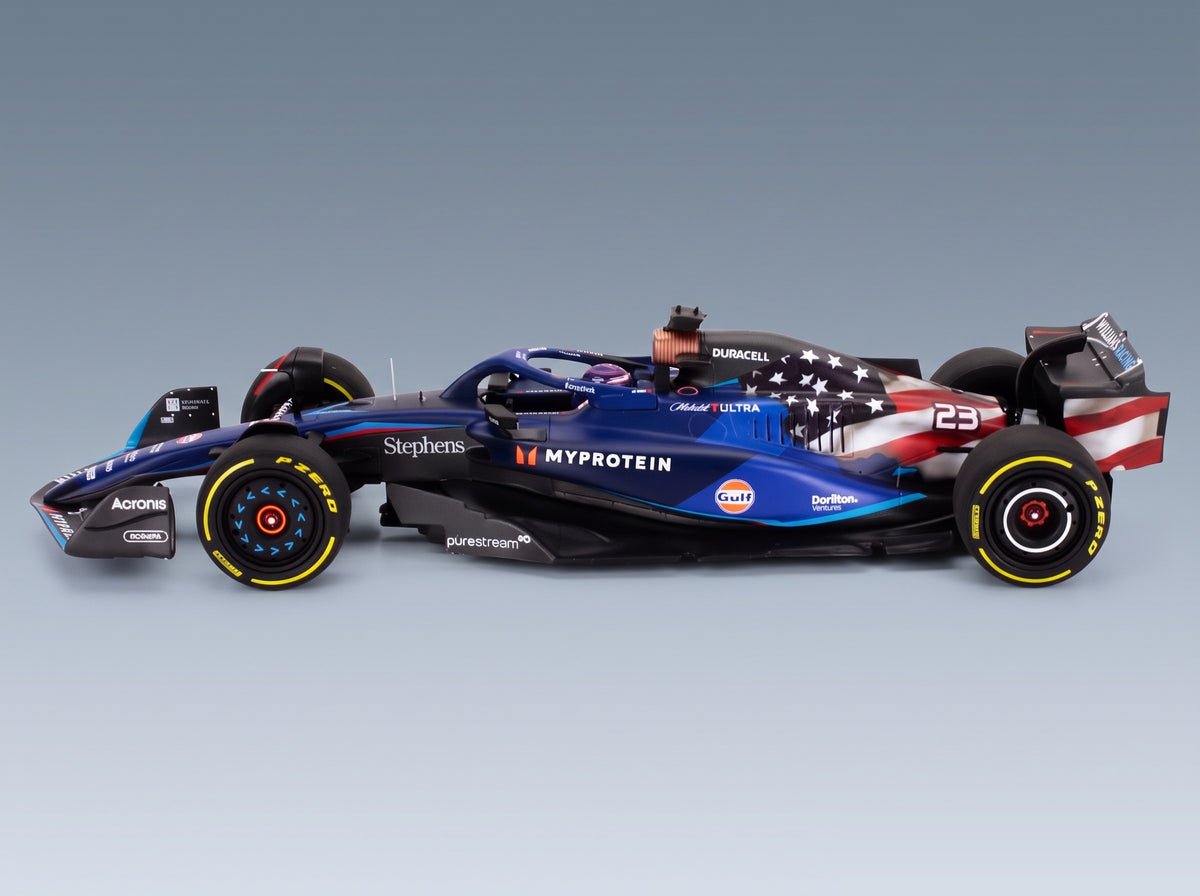 Williams FW45 Team Williams Racing Gulf No. 23 Alexander Albon Austin USA GP 2023 Minichamps 1:18 scale model - side view