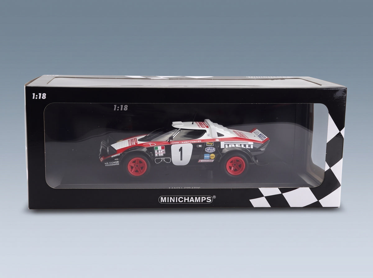 Lancia Stratos HF Pirelli No. 1 Walter Rohrl Christian Geistdorfer Winner Rally Dynavit Saarland 1978 Night Version Minichamps 1:18 scale model - original packaging