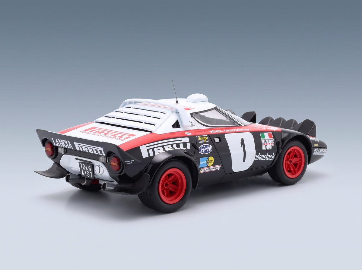 Lancia Stratos HF Pirelli No. 1 Walter Rohrl Christian Geistdorfer Winner Rally Dynavit Saarland 1978 Night Version Minichamps 1:18 scale model - rear three-quarter view