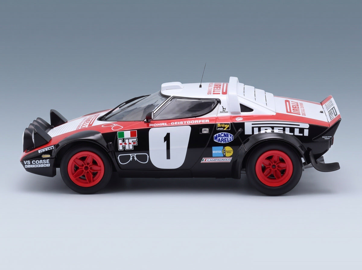 Lancia Stratos HF Pirelli No. 1 Walter Rohrl Christian Geistdorfer Winner Rally Dynavit Saarland 1978 Night Version Minichamps 1:18 scale model - side view