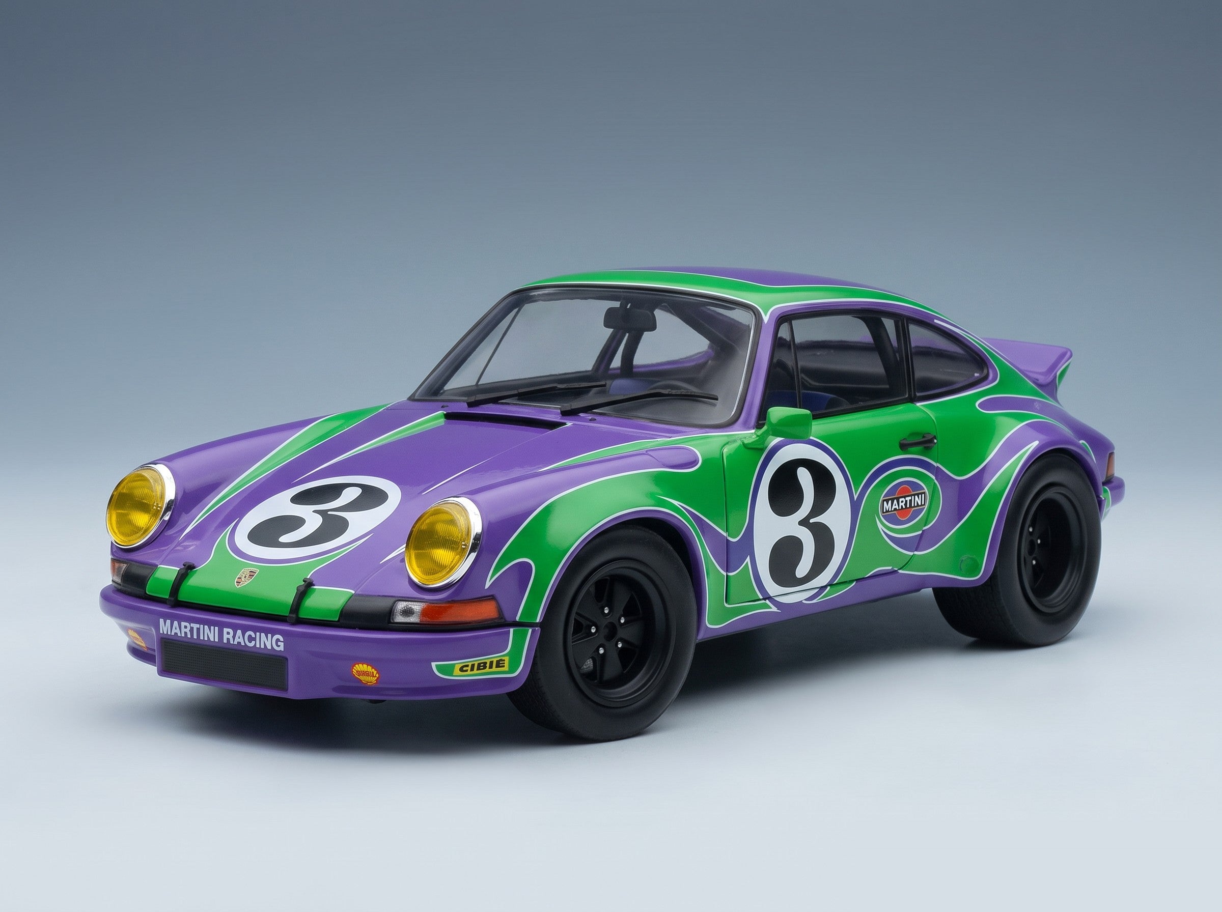 Porsche 911 RSR Coupé No. 3 Happy Tribute 1973 Purple Green Solido 1:18 scale model - front three-quarter view