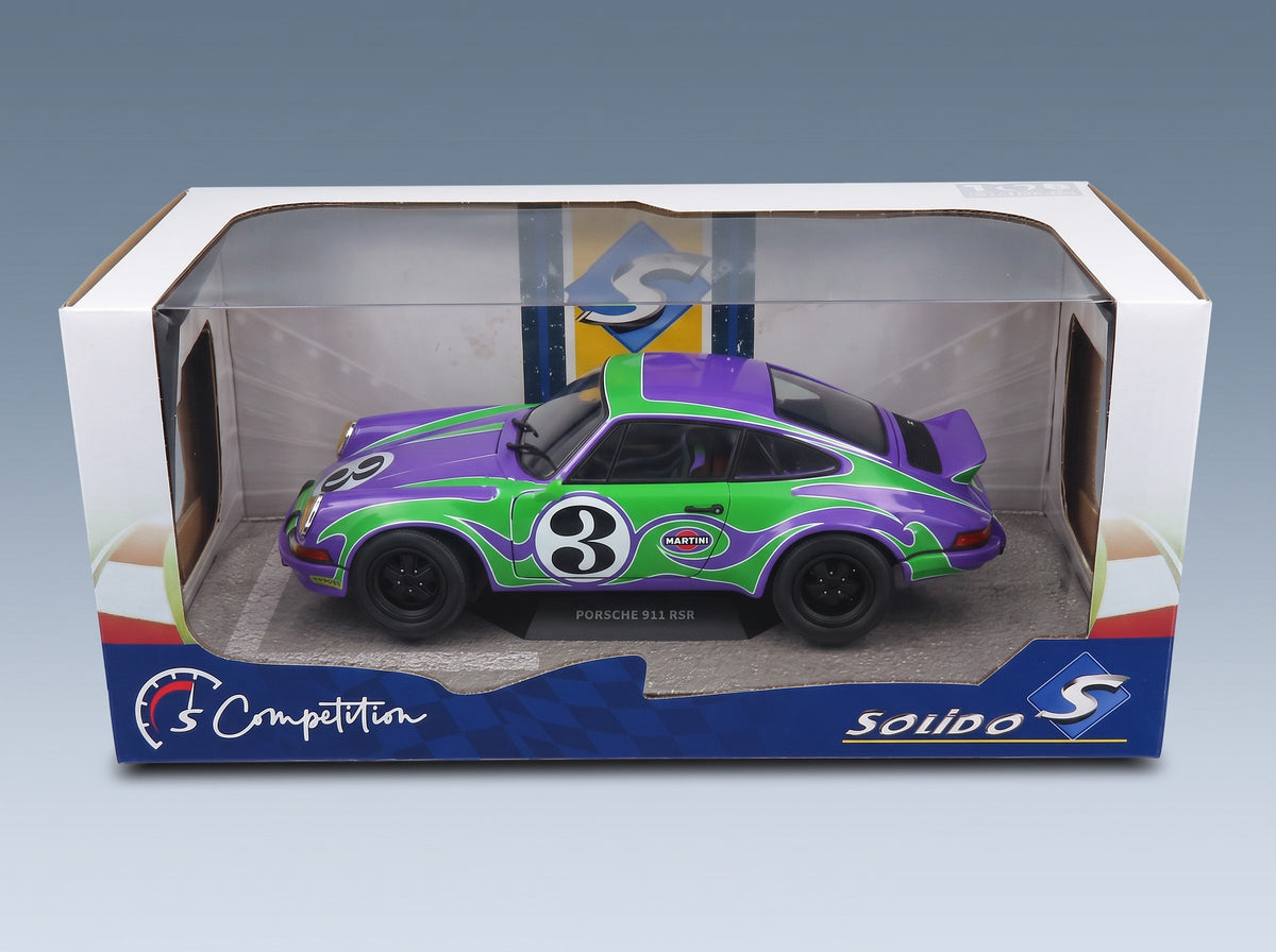Porsche 911 RSR Coupé No. 3 Happy Tribute 1973 Purple Green Solido 1:18 scale model - original packaging