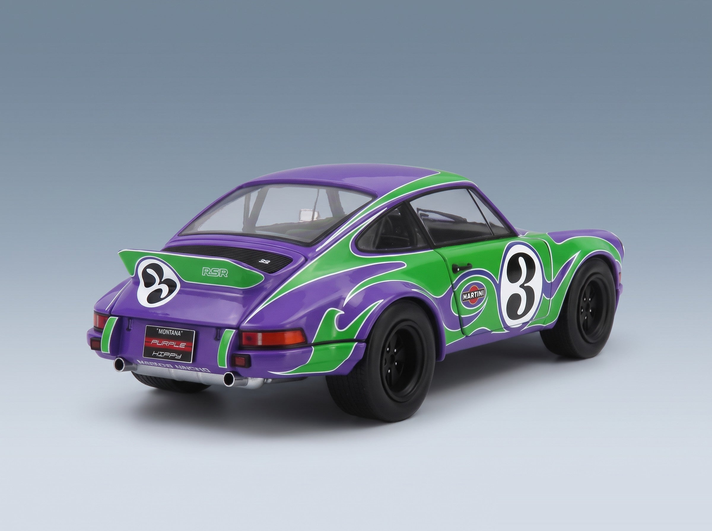 Porsche 911 RSR Coupé No. 3 Happy Tribute 1973 Purple Green Solido 1:18 scale model - rear three-quarter view