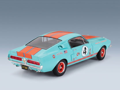 Ford Mustang Shelby GT500 Racing No. 4 Tribute Coupe 1967 Light Blue Orange Solido 1:18 scale model - rear three-quarter view
