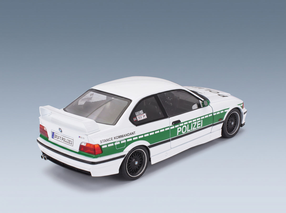 BMW 3 Series M3 (E36) Coupé Polizei 1991 White Green Solido 1:18 scale model - rear three-quarter view