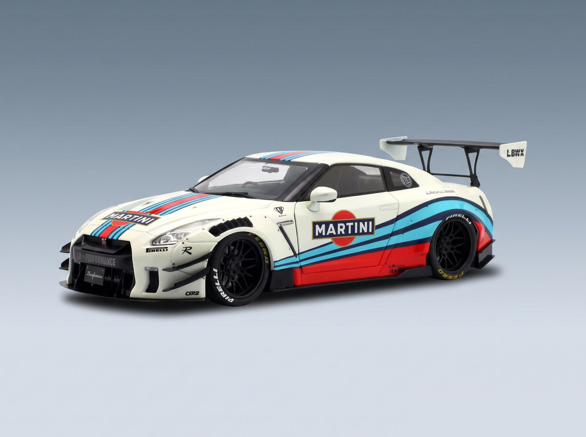 Nissan GT-R R35 LB-Works Martini Racing 2024 White Blue Red Solido 1:18 scale model - front three-quarter view