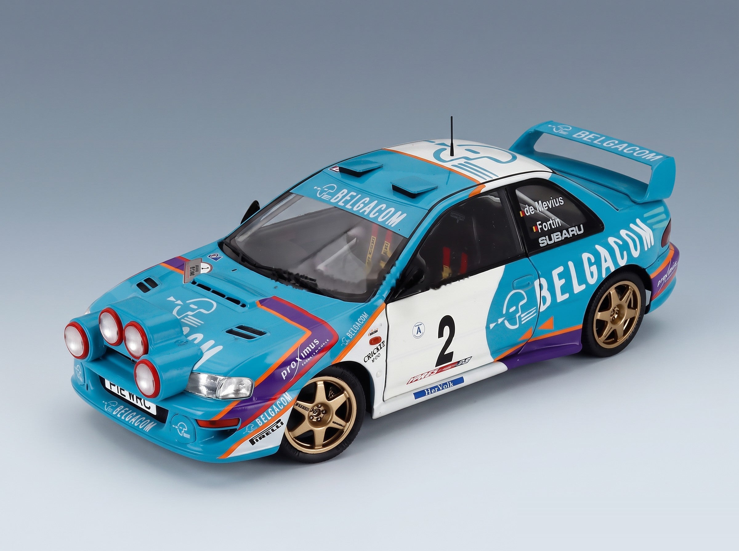 Subaru Impreza WRC99 Team Belgacom No. 2 Jean Marc Fortin Gregoire De Mevius 4th Rally Belgium Westhoek Ypres 1998 Night Version Solido 1:18 scale model - front three-quarter view