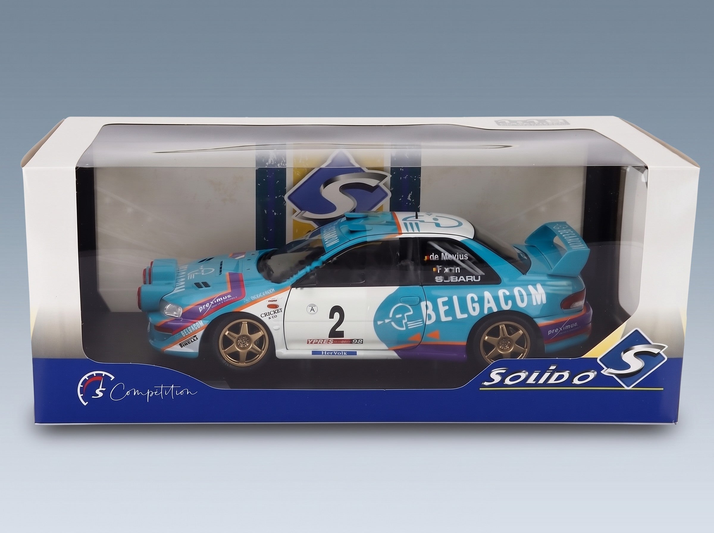 Subaru Impreza WRC99 Team Belgacom No. 2 Jean Marc Fortin Gregoire De Mevius 4th Rally Belgium Westhoek Ypres 1998 Night Version Solido 1:18 scale model - original packaging