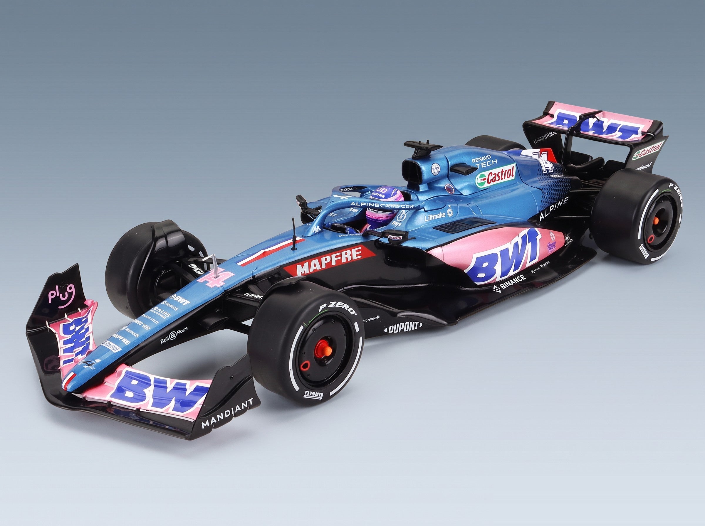 Alpine F1 A522 Team Alpine BWT No. 14 Fernando Alonso Monaco GP 2022 Solido 1:18 scale model - front three-quarter view