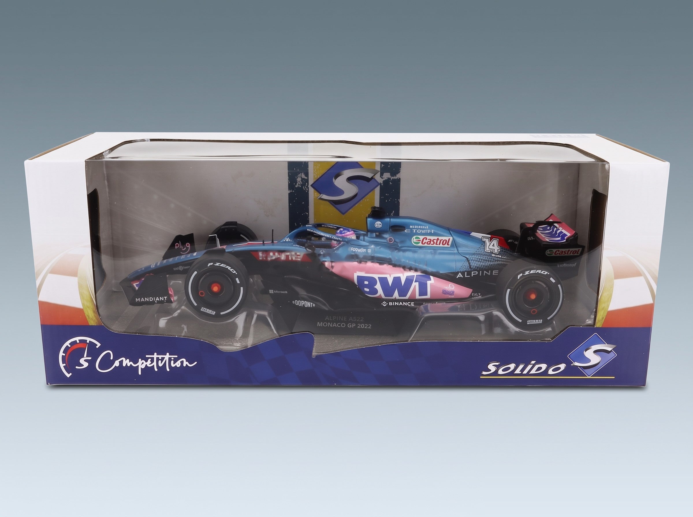 Alpine F1 A522 Team Alpine BWT No. 14 Fernando Alonso Monaco GP 2022 Solido 1:18 scale model - original packaging