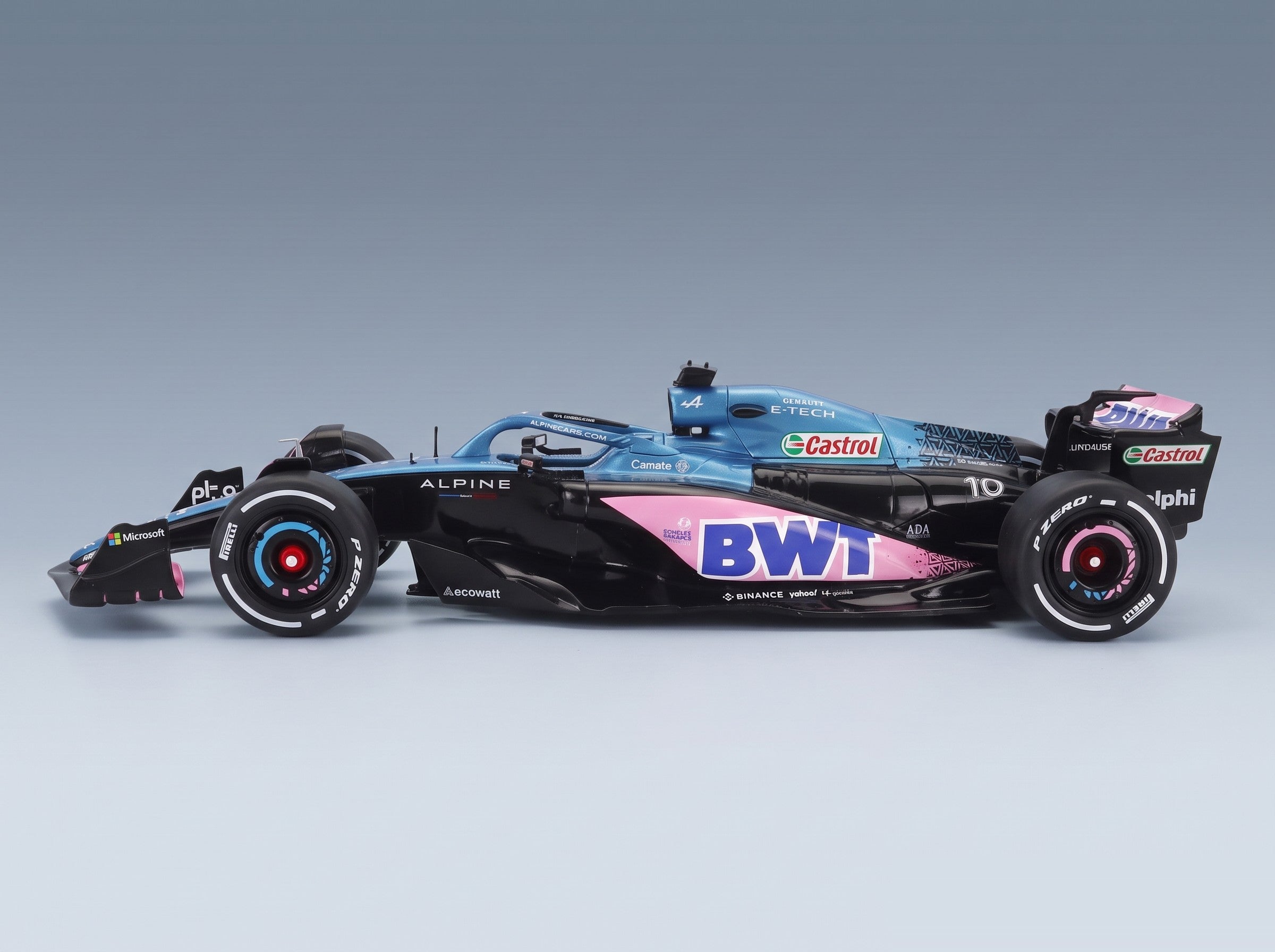 Alpine F1 A523 BWT Alpine F1 Team No. 10 Pierre Gasly No. 31 Esteban Ocon Press Launch Livery 2023 Solido 1:18 scale model - side view
