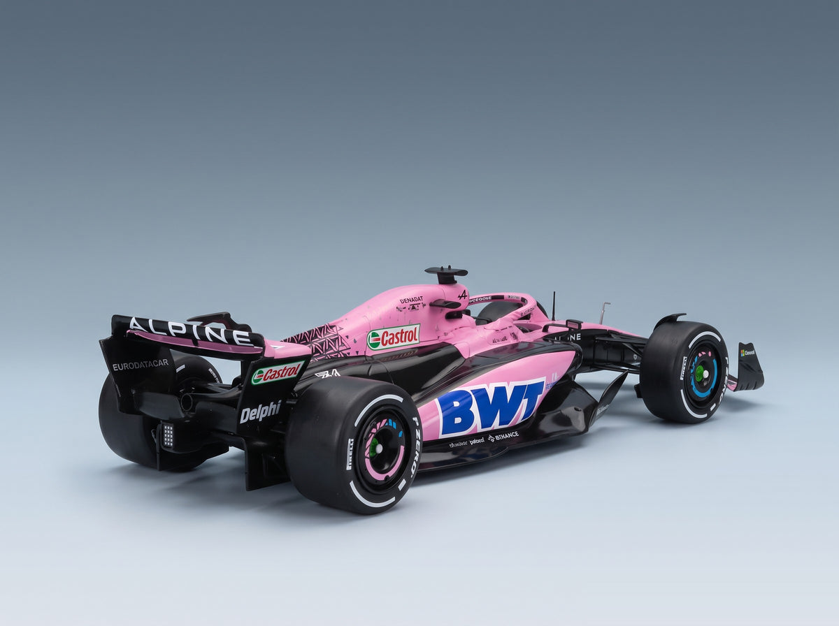 Alpine F1 A523 BWT Alpine F1 Team No. 10 Pierre Gasly No. 31 Esteban Ocon Press Launch Livery 2023 Solido 1:18 scale model - rear three-quarter view