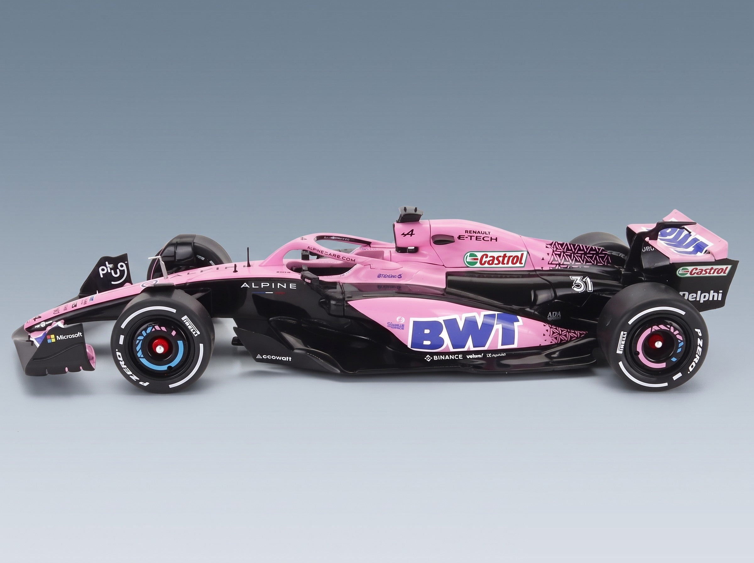 Alpine F1 A523 BWT Alpine F1 Team No. 10 Pierre Gasly No. 31 Esteban Ocon Press Launch Livery 2023 Solido 1:18 scale model - side view