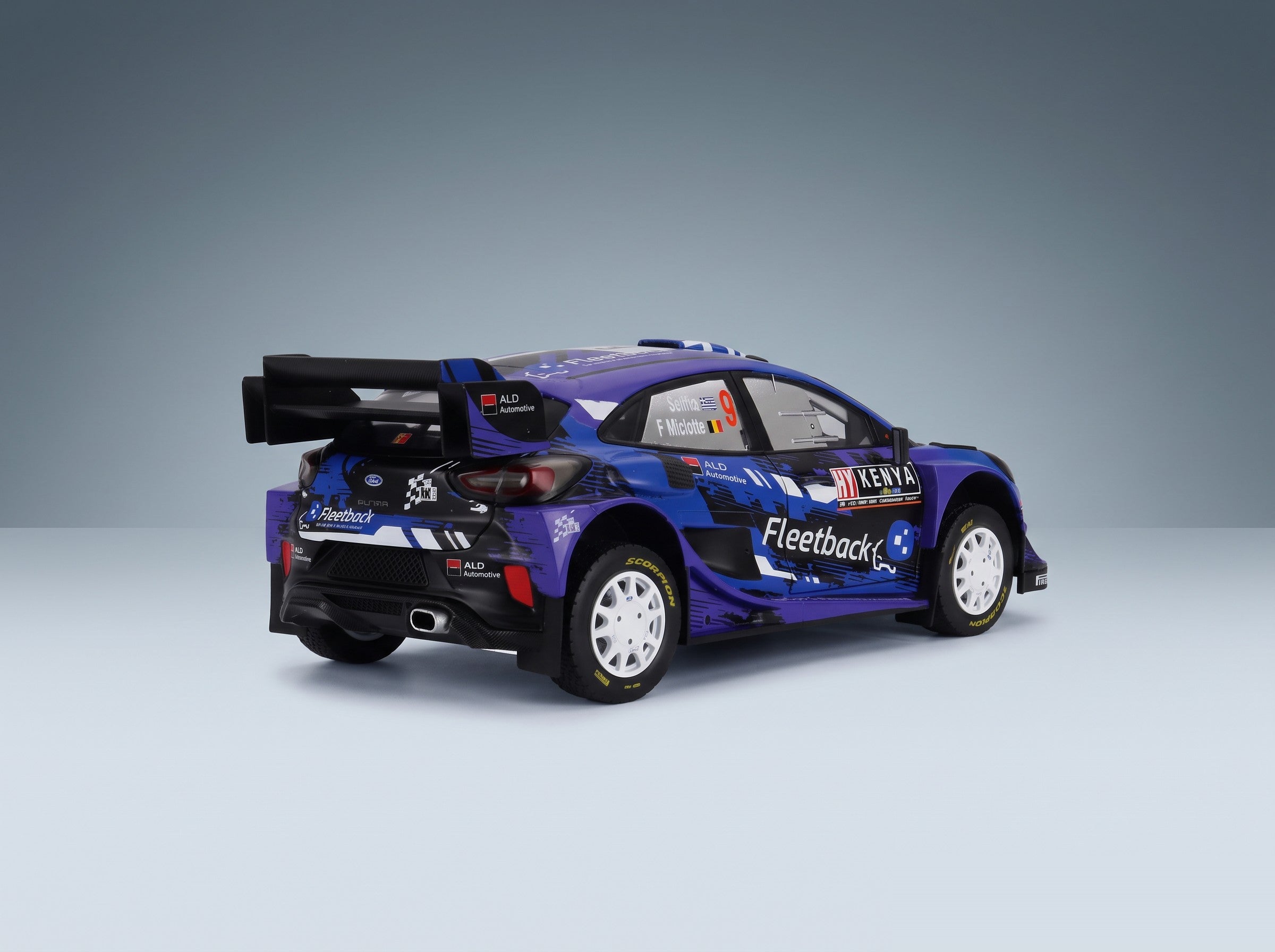Ford Puma Rally1 M-Sport Ford WRT No. 9 Jourdan Serderidis Frederic Miclotte Rally Safari Kenya 2022 Solido 1:18 scale model - rear three-quarter view