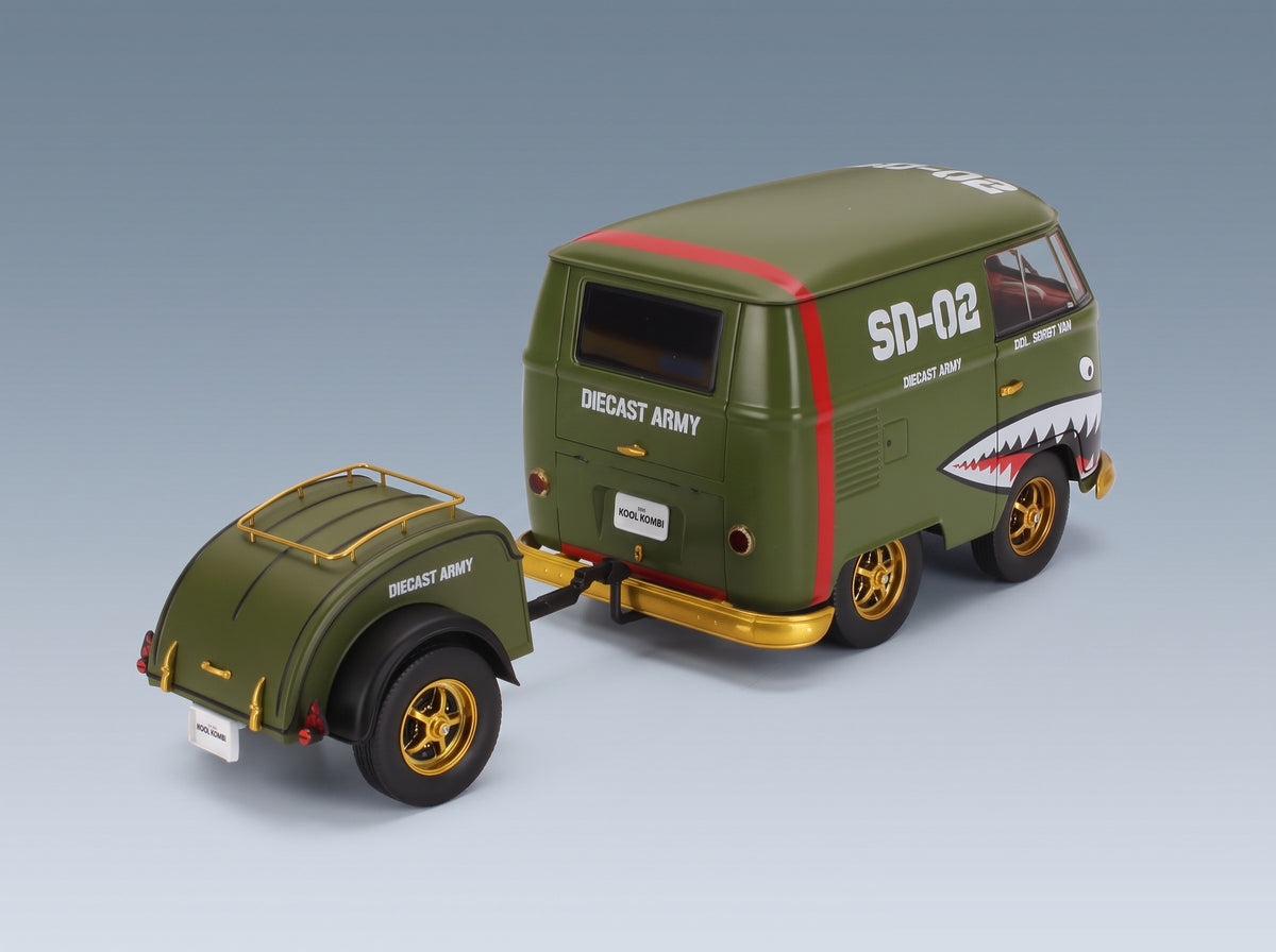 Volkswagen T1 Van Kool Combi with Trailer 1950 Green Solido 1:18 scale model - rear three-quarter view
