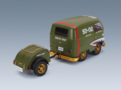 Volkswagen T1 Van Kool Combi with Trailer 1950 Green Solido 1:18 scale model - rear three-quarter view