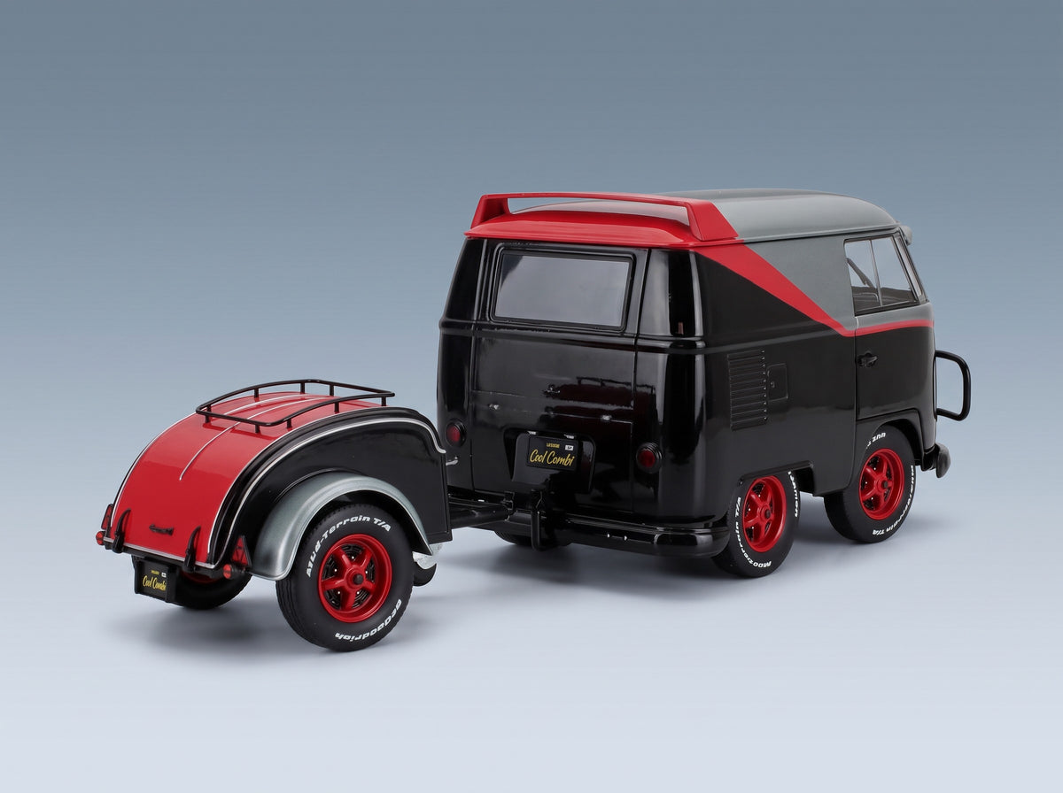 Volkswagen T1 Van Kool Combi Sport with Trailer 1950 Black Silver Red Solido 1:18 scale model - rear three-quarter view