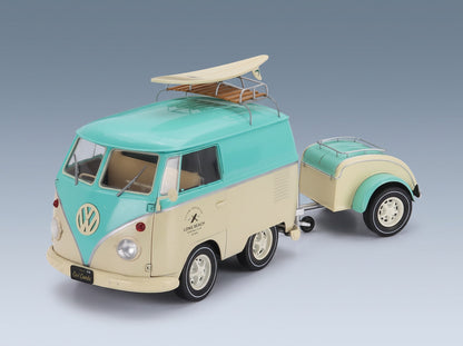 Volkswagen T1 Van Kool Combi with Trailer 1950 Light Blue White Solido 1:18 scale model - front three-quarter view