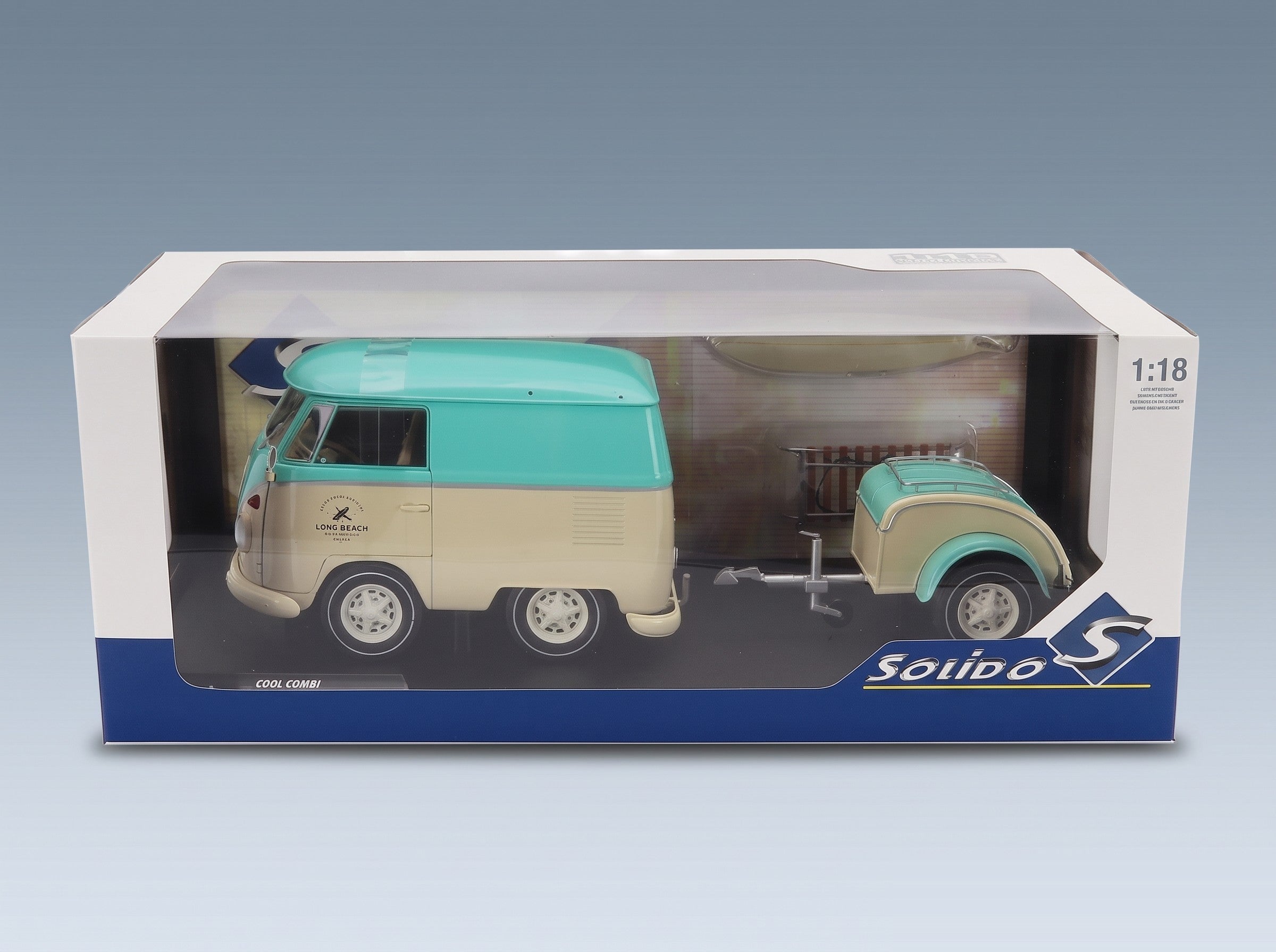 Volkswagen T1 Van Kool Combi with Trailer 1950 Light Blue White Solido 1:18 scale model - original packaging