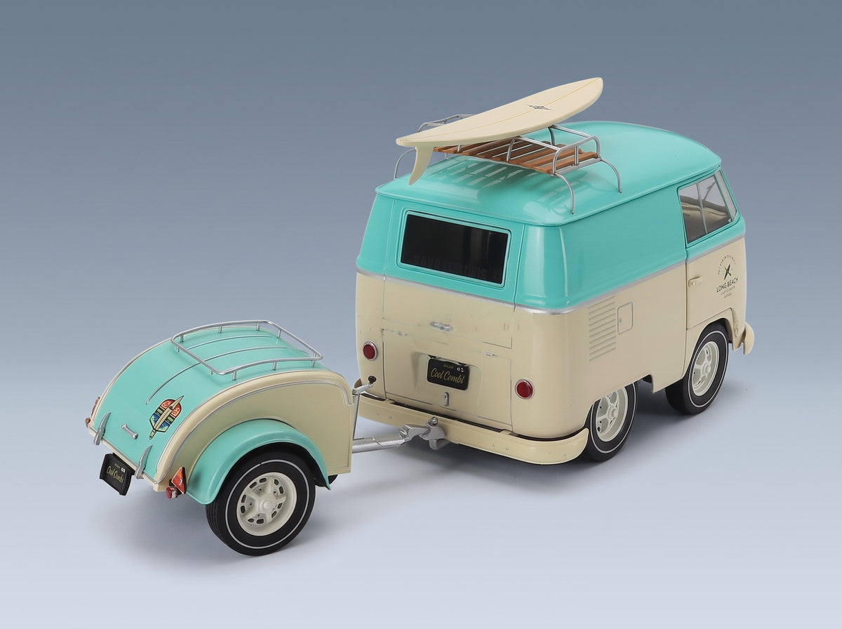 Volkswagen T1 Van Kool Combi with Trailer 1950 Light Blue White Solido 1:18 scale model - rear three-quarter view