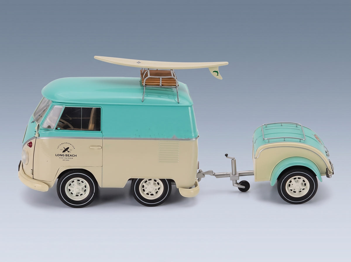 Volkswagen T1 Van Kool Combi with Trailer 1950 Light Blue White Solido 1:18 scale model - side view